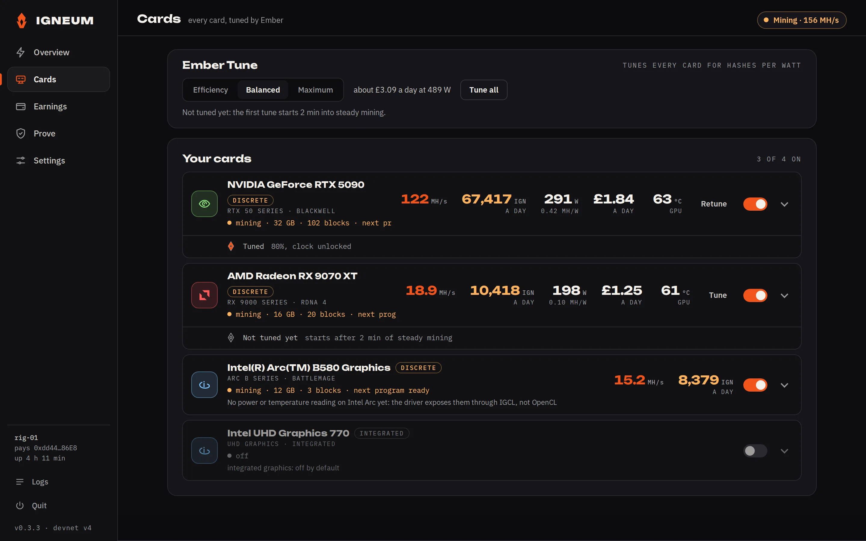 The Cards page of 0.3.22: Ember Tune with the Efficiency, Balanced and Maximum goals; one row per card with its vendor's mark, its series line, its rate, IGN a day, watts, hashes per watt, cost a day and temperature: an RTX 5090 at 122 MH/s and 291 W, an RX 9070 XT at 18.9 MH/s and 198 W, an Arc B580 at 15.2 MH/s, an integrated UHD 770 off