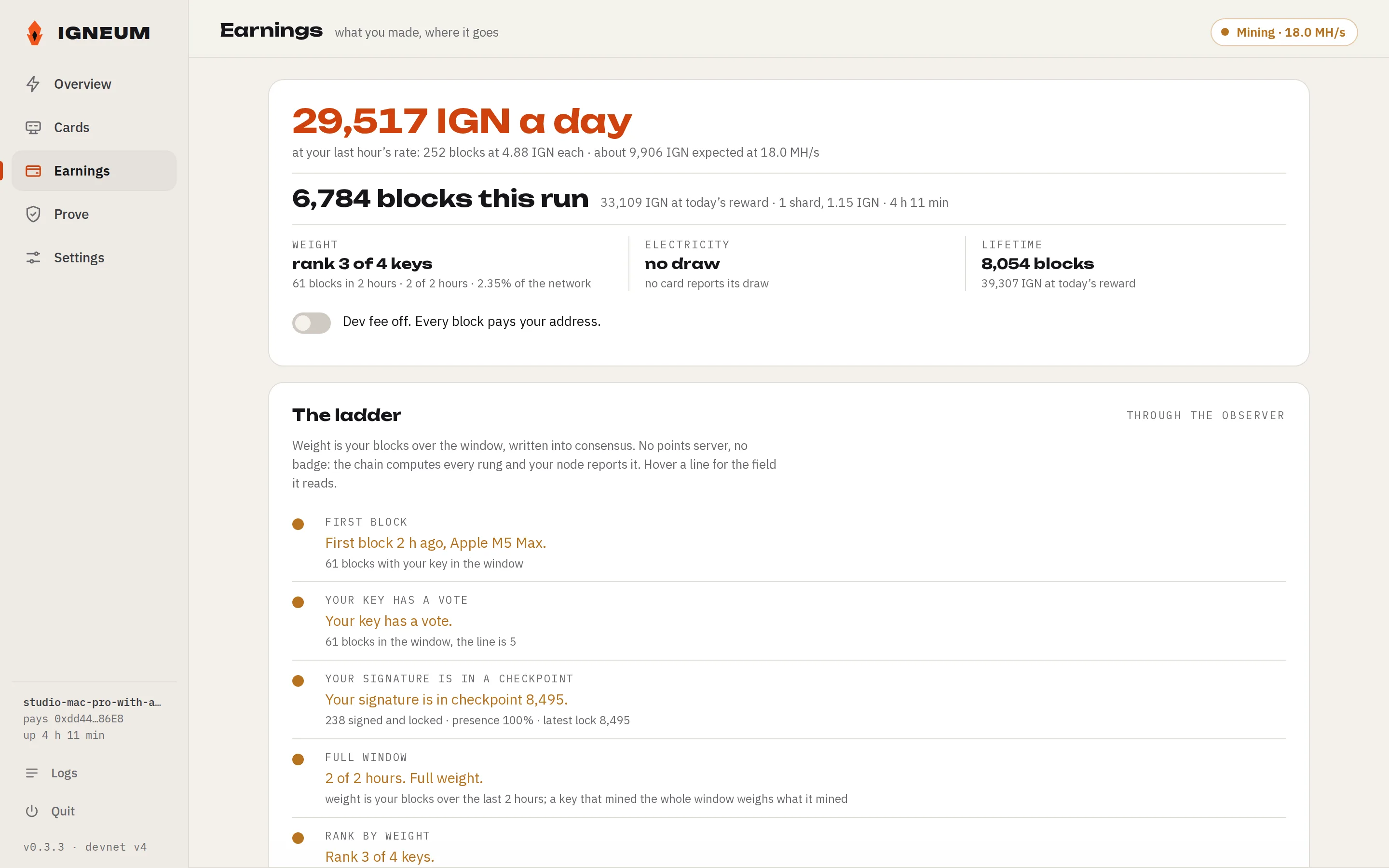 The Earnings page of 0.3.22 in light mode: IGN a day first, then blocks this run, weight, electricity and lifetime
