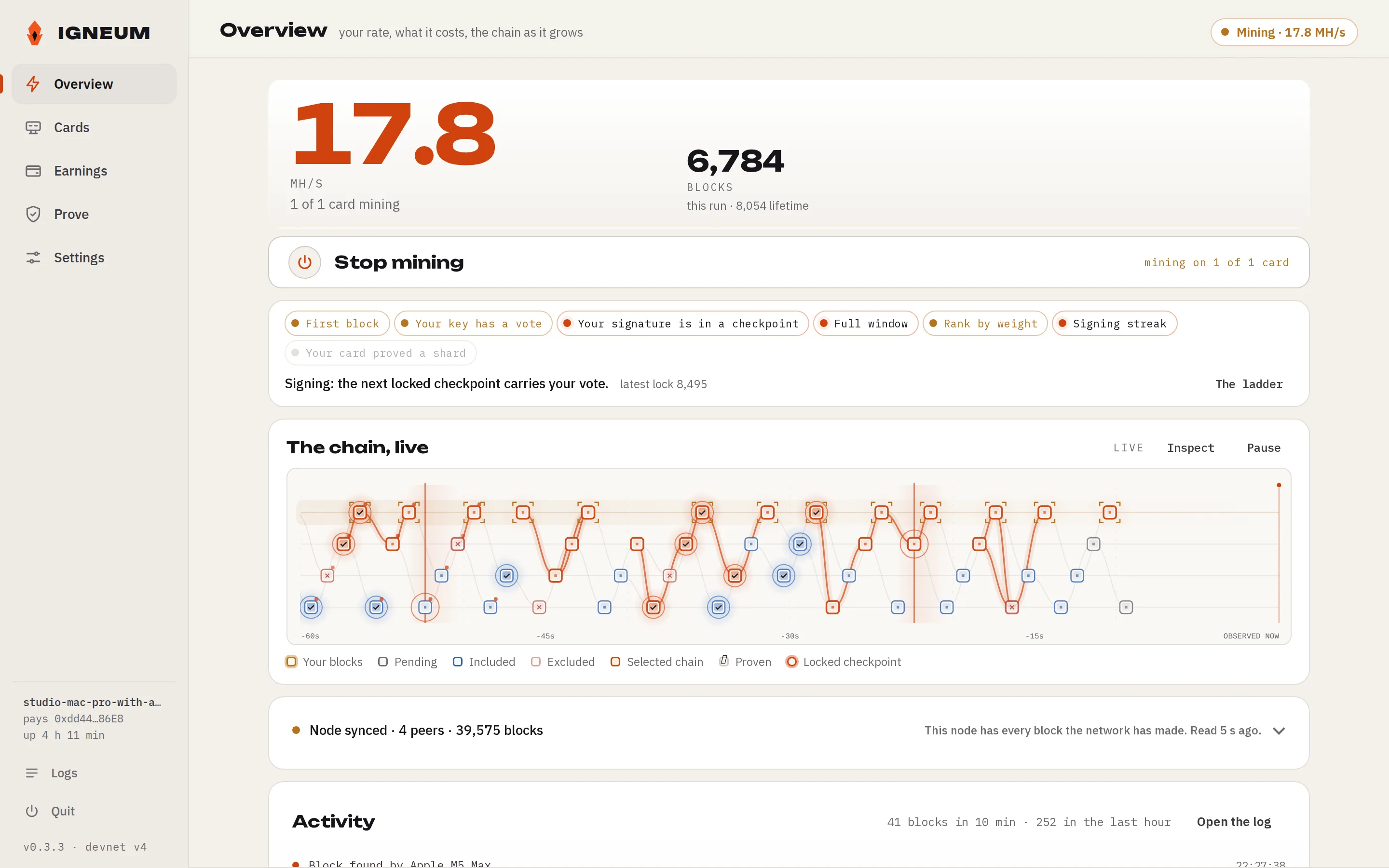 The Overview page of 0.3.22 in light mode on an Apple M5 Max: 17.0 MH/s, the ladder strip, the chain drawn live