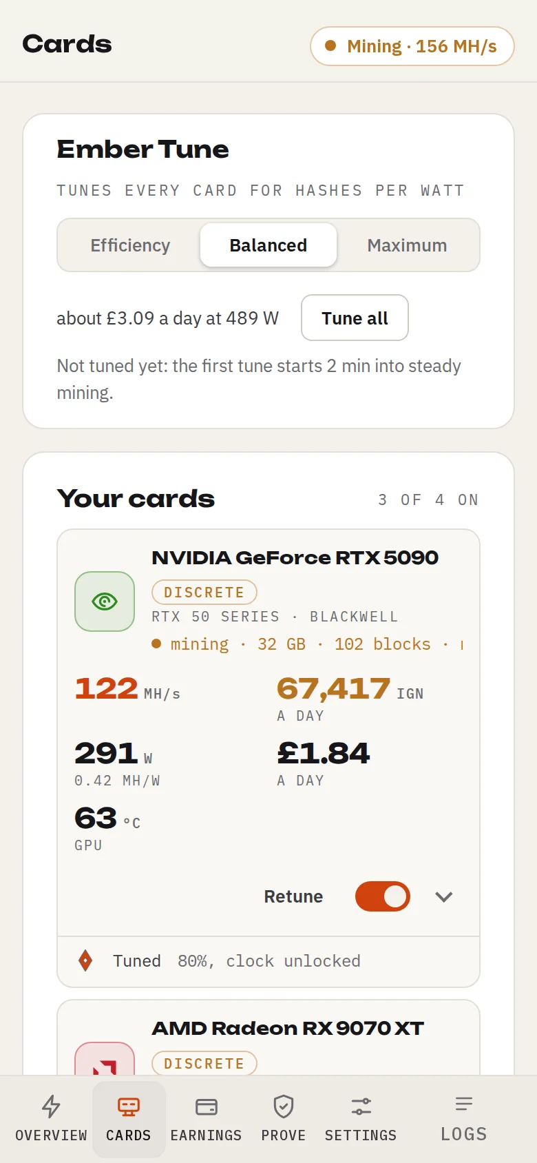 The Cards page of 0.3.22 in a 390 pixel wide window, light mode: Ember Tune, the card rows and the bottom tab bar