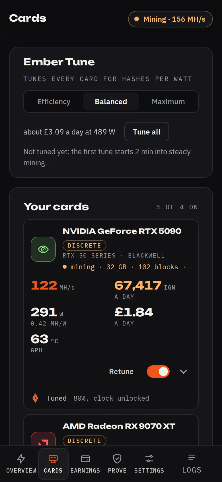 The Cards page of 0.3.22 in a 390 pixel wide window: Ember Tune and the card rows stacked with their vendor marks, with the bottom tab bar