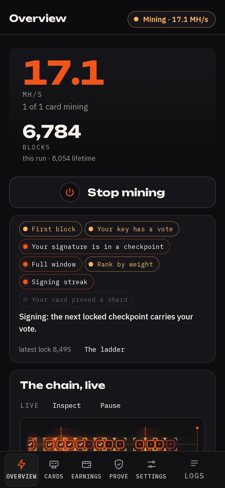 The Overview page of 0.3.22 in a 390 pixel wide window: the rate, the Stop mining button, the chain live, and a bottom tab bar with Overview, Cards, Earnings, Prove, Settings and Logs