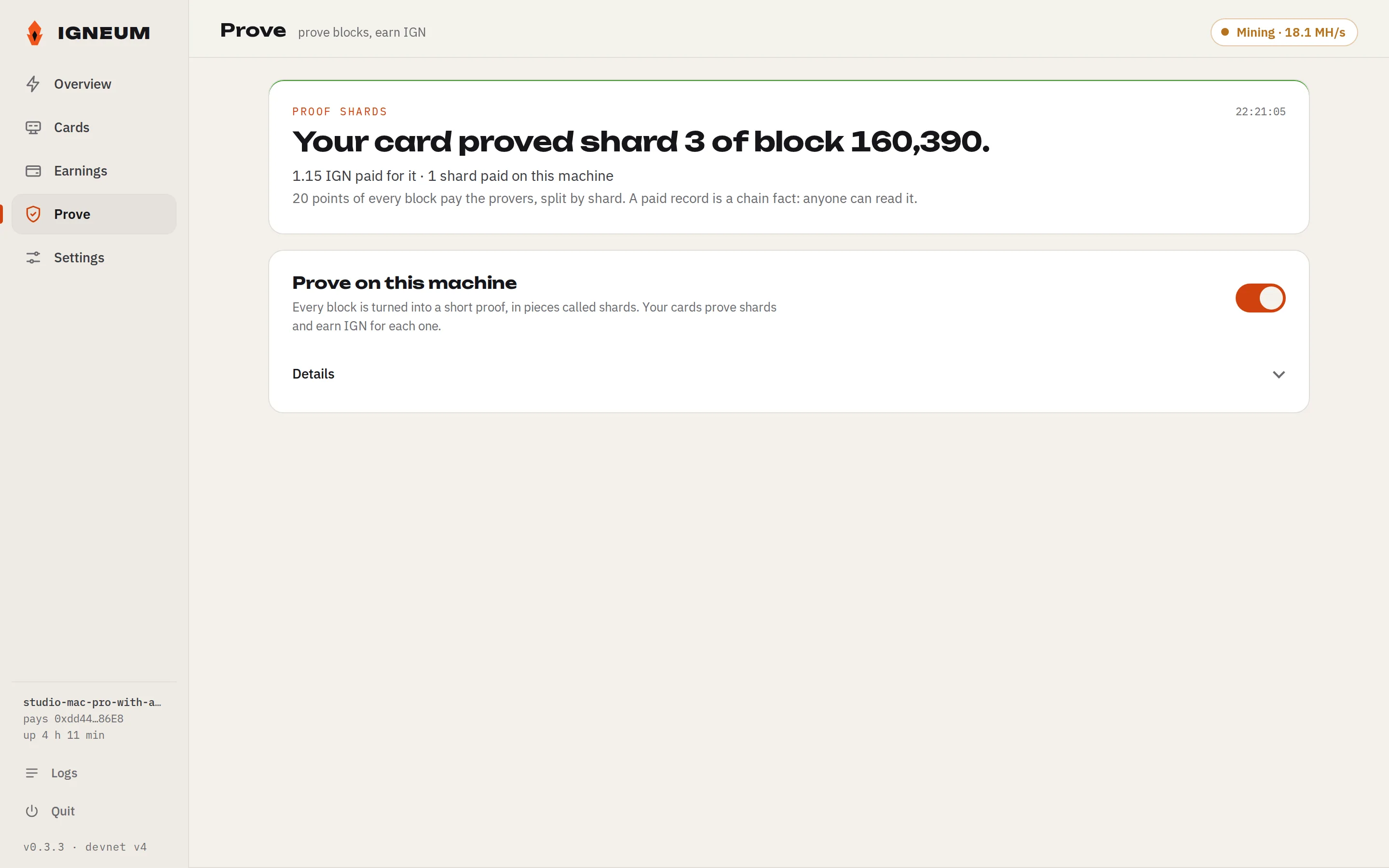 The Prove page of 0.3.22 in light mode: the shard card and the Prove on this machine switch