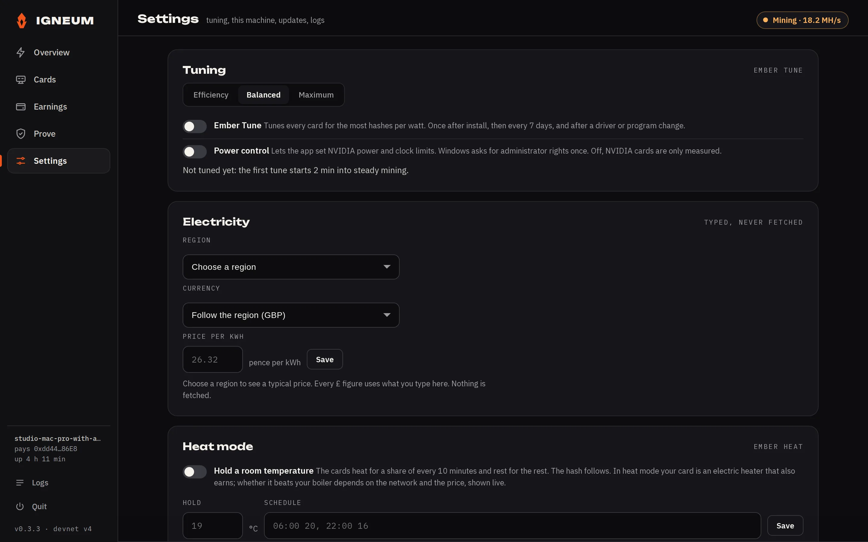 The Settings page of 0.3.22 from the top: the Tuning card with the goal at Balanced and the Ember Tune and Power control switches, each with one sentence, then Electricity with the region, the currency and the price per kWh