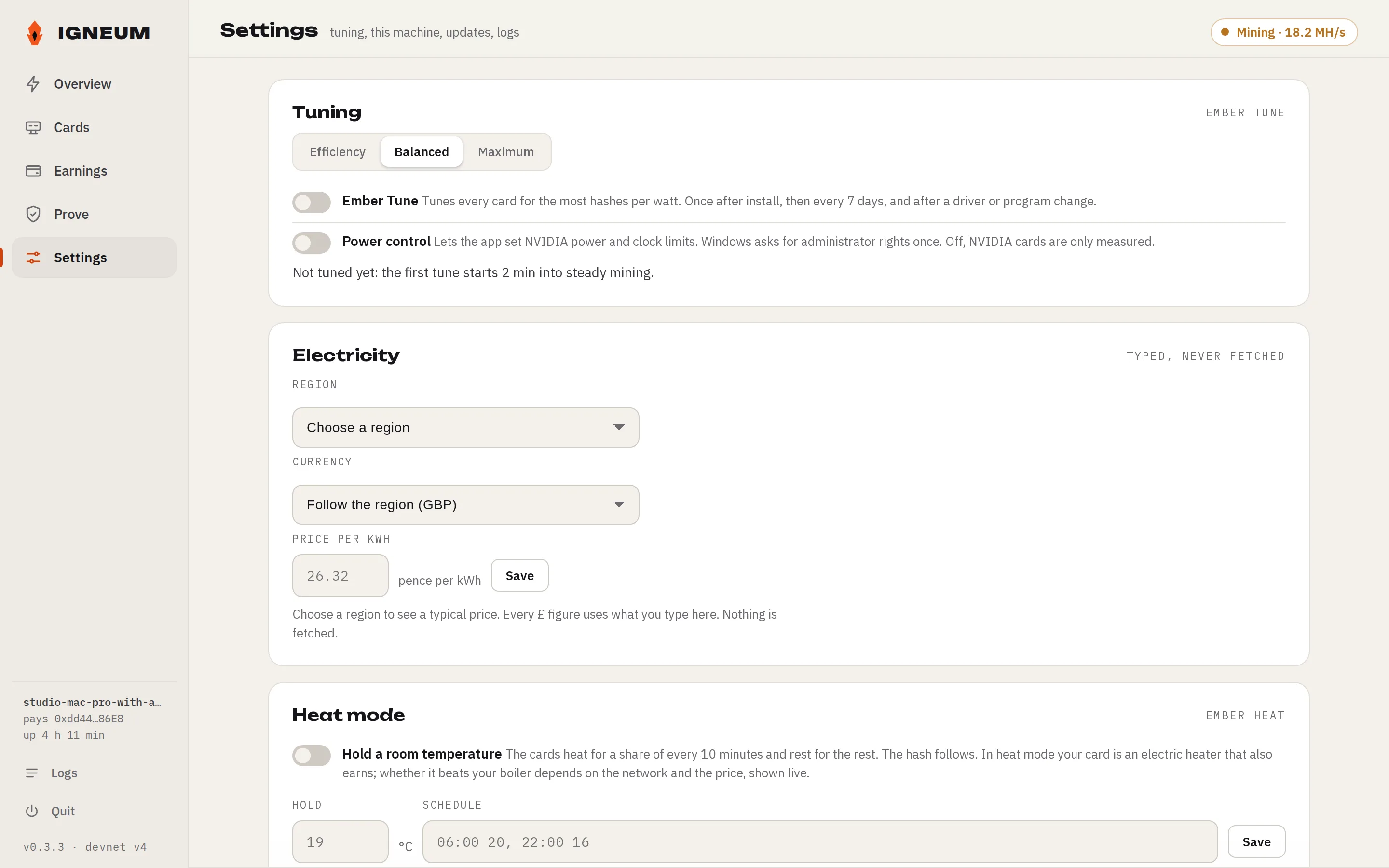 The Settings page of 0.3.22 in light mode: the Tuning card and Electricity