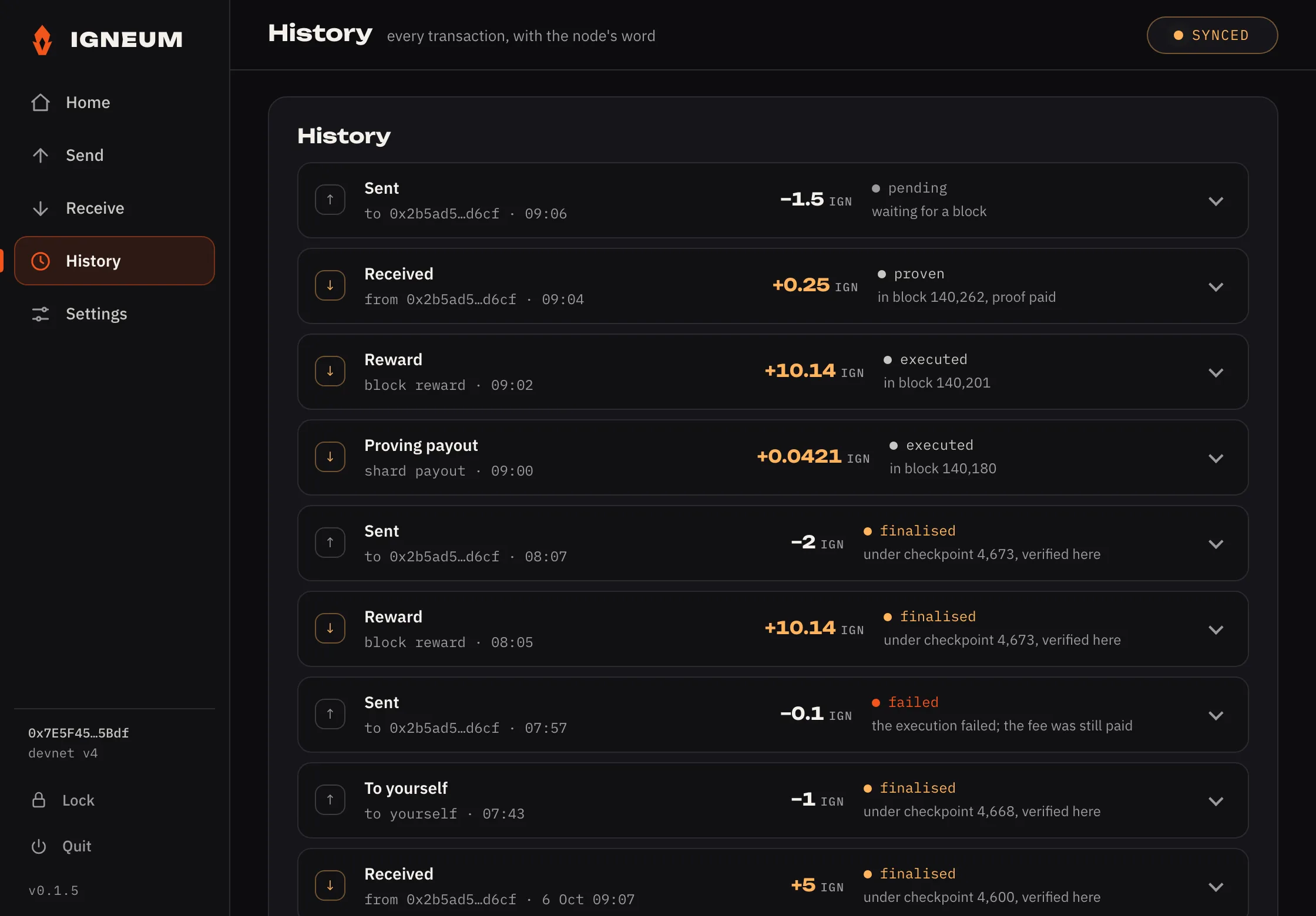 The wallet's History page: every transfer with the node's word, pending, proven, executed, finalised under a checkpoint verified here, and one failed with the fee still paid
